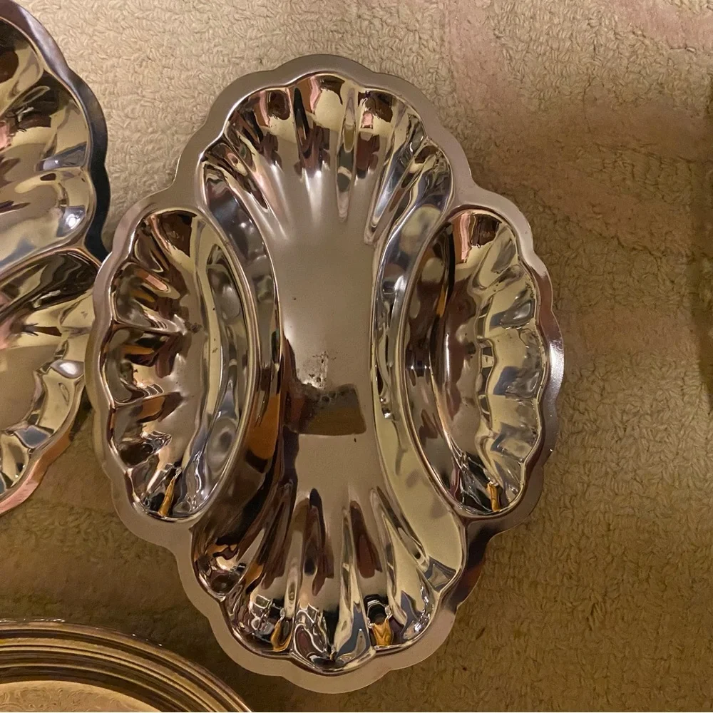 Pair of vintage shell metal platters 3 sections